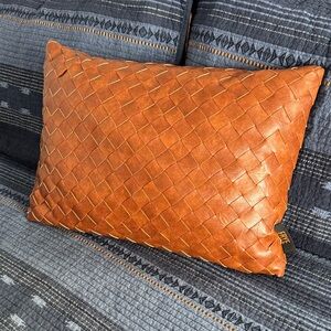 Frye Woven Faux Leather Accent Pillow in Rich Cinnamon Color